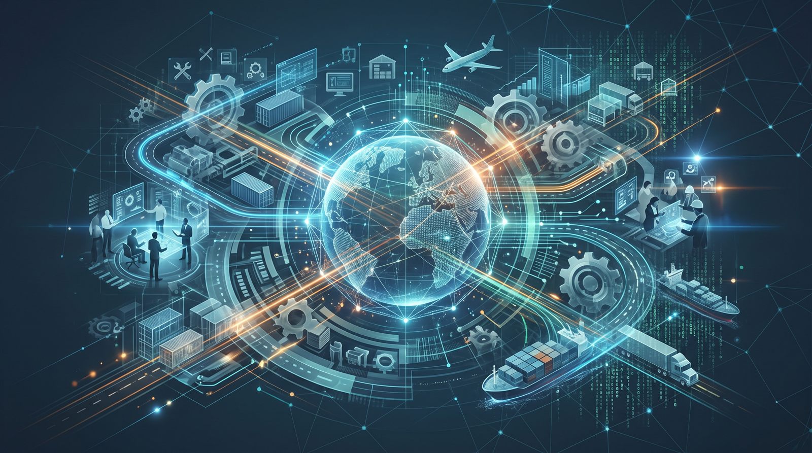 Illustration of a connected global supply network: a globe surrounded by transport, logistics and engineering icons