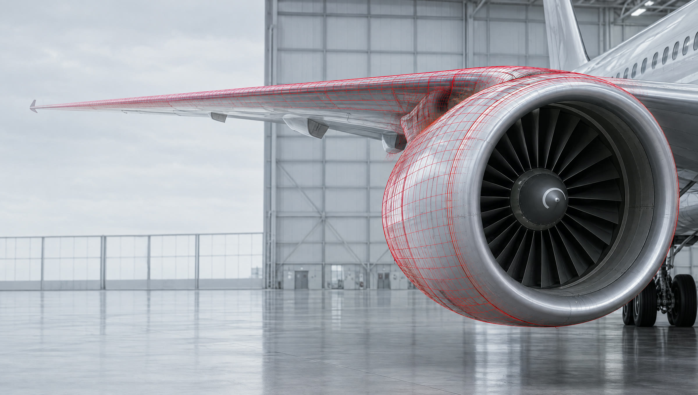 An aircraft engine and wing with a red wireframe model registered onto the real structure