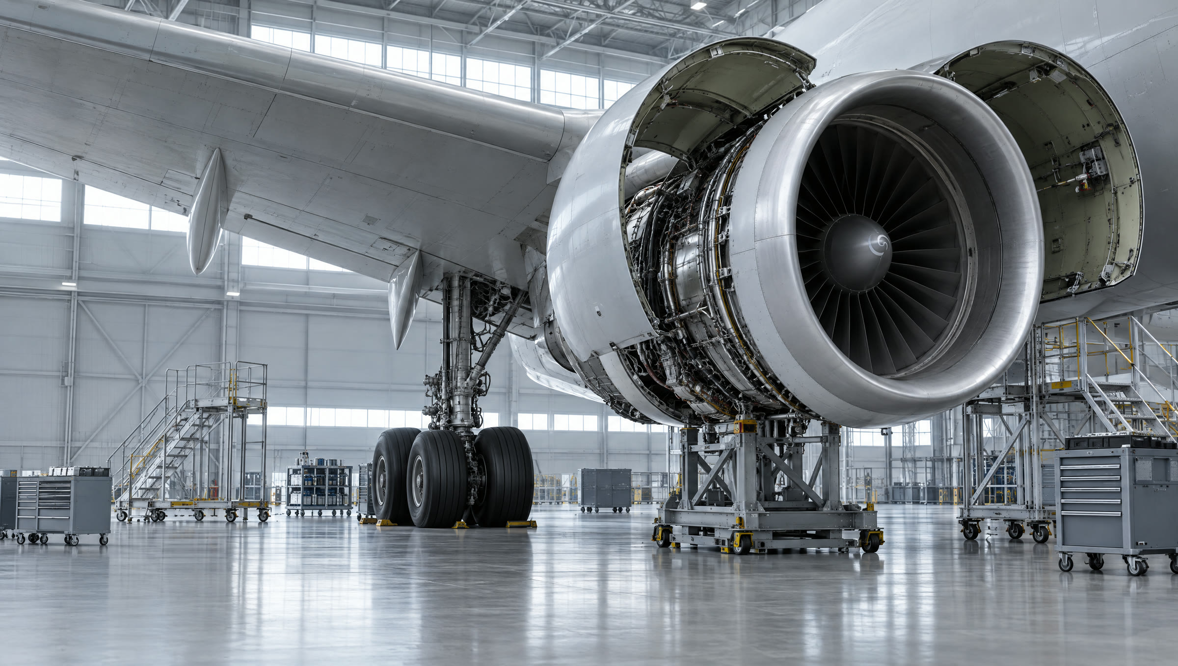 An aircraft engine opened for maintenance under the wing, in a bright hangar